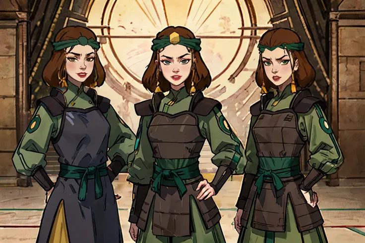 3 women, suki, brown hair, lipstick, headband, green armor, long sleeves, yellow circle patch, long skirt, looking at viewer, smiling, standing, hands on hips, inside dojo, plants, high quality, masterpiece,<lora:suki:.7>
