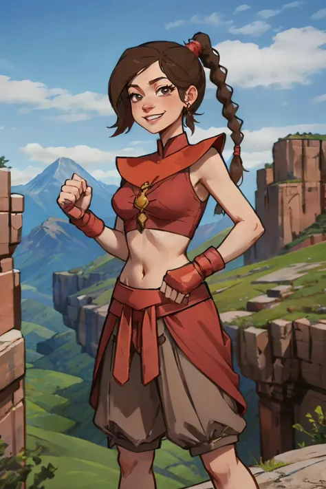 ty lee, brown eyes, brown hair, hair ornament, single braid, red clothes, midriff, looking at viewer, smiling, standing, fists, outside, canyon, mountain, blue sky, high quality, masterpiece, <lora:Tylee:.8>