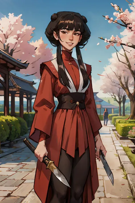 mai, brown eyes, long black hair, twintails, double bun, red clothes, long sleeves, looking at viewer, smiling, medium shot, standing, outside, garden, cherry blossom, holding knife, blue sky, high quality, masterpiece, <lora:Mai:.8>