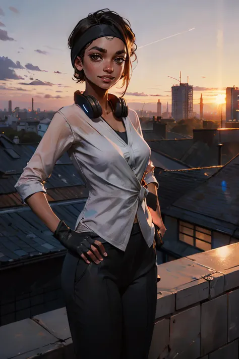pl3stic, brown eyes, short black hair, headphones around neck, small breasts, white shirt, glove, black headband, black pants, looking at viewer, serious, smiling, standing, hands on hips, outside, building roof, cityscape, dusk, sunset, high quality, masterpiece, <lora:plastic:.7>