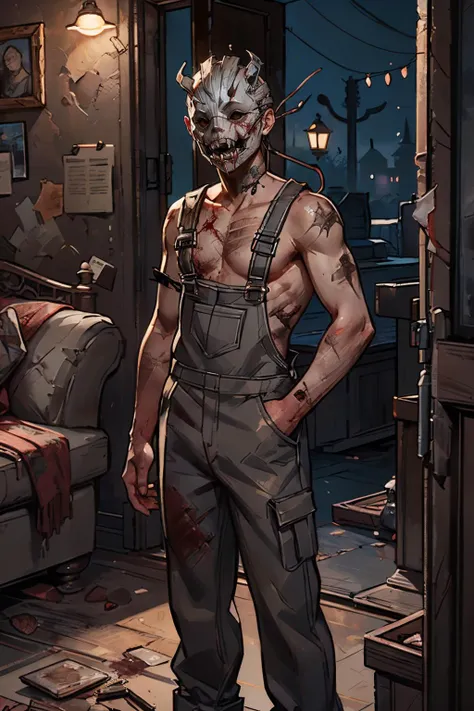 trappdbd2024,man, mask, wounds, blood, scars, dirty, overalls, looking at viewer, standing, inside messy living room, dark, night, high quality, masterpiece,  <lora:trappdbd2024:.6>