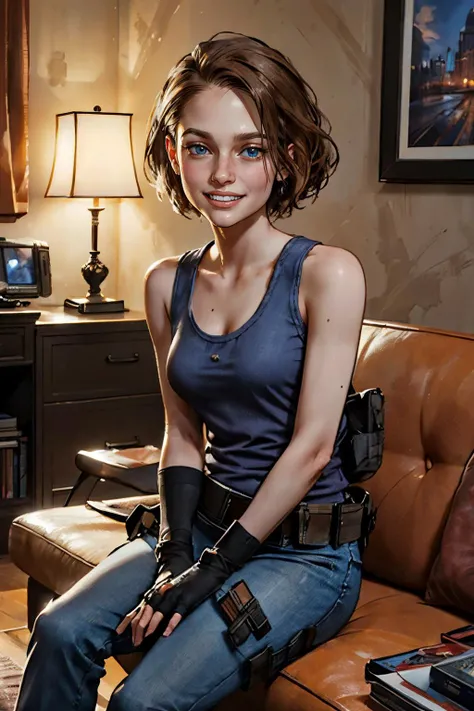 JillR3make, short hair, brown hair, blue eyes, blue tank top, pants, holster, fingerless gloves, looking at viewer, smiling, teeth, sitting, on sofa, inside apartment living room, soft lighting, high quality, masterpiece, <lora:JillR3make:.8>