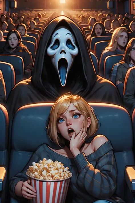scream ,(huge ghostface), crowd, big screen, hand on own face, cinema seating, scared, off shoulder sweater, coca-cola, disposable cup, popcorn, stairs, night, open mouth, high quality, masterpiece,
<lora:girllikescreammovie:.8>
samus, blue eyes, short blonde hair, <lora:OtherMSamus:.7>