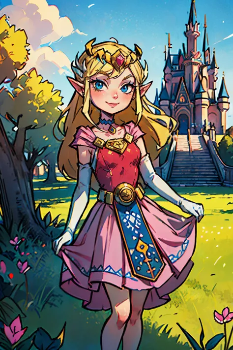 (ojigi,curtsey:1.3) <lora:ojigi:.8>
toon_zelda, blonde hair, crown, blue eyes, pink dress, white elbow gloves, jewellery, looking at viewer, smiling, standing, outside, courtyard, hedges, blue sky, castle, high quality, masterpiece, <lora:Toon_Zelda_v1:.6>