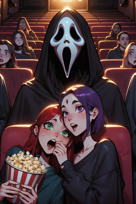 scream ,(huge ghostface), crowd, big screen, hand on own face, 2girls snuggle up, cinema seating, scared, off shoulder sweater, coca-cola, disposable cup, popcorn, stairs, night, open mouth, high quality, masterpiece,
<lora:girllikescreammovie:.8>
raven, purple eyes, short purple hair,<lora:Raven_v2:.8>