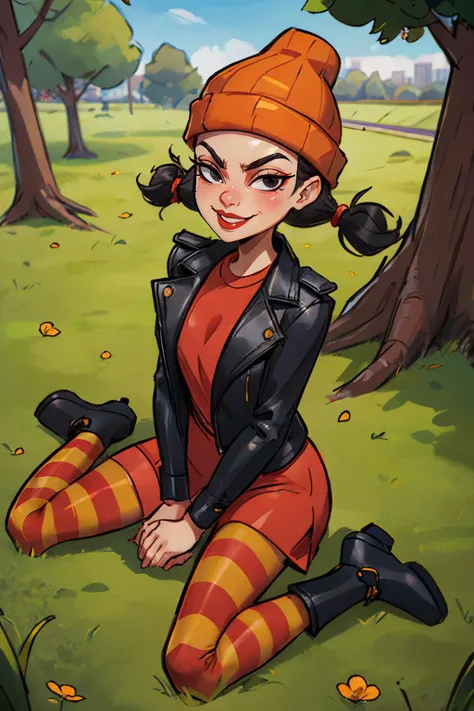 Ashley, black eyes,black hair, twintails,red lipstick, orange beanie, red shirt, black leather jacket, long sleeves, striped pantyhose, boots, looking at viewer, serious, smiling, sitting, on grass, wariza, outside, park, trees, sunny, from_above, high quality, masterpiece, <lora:ashley:.7>