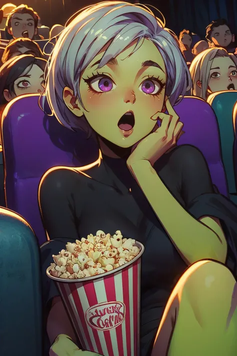 scream ,(huge ghostface), crowd, big screen, hand on own face, snuggle up, cinema seating, scared, off shoulder sweater, coca-cola, disposable cup, popcorn, stairs, night, open mouth, high quality, masterpiece,
<lora:girllikescreammovie:.8>
cheelai, colored skin, green skin, purple eyes, short white hair, <lora:DBS_Cheelai_v3:.9>