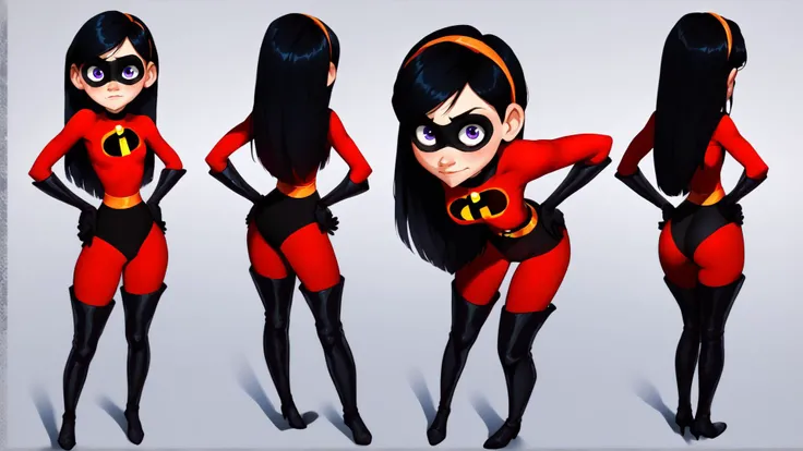 score_9,score_8_up,score_7_up,score_6_up,score_5_up,score_4_up BREAK source_cartoon,source_anime,1girl,solo,violetparr,mask,black hair,long hair,hairband,purple eyes,red bodysuit,black gloves,thigh boots,full body,hands on hips,looking at viewer,solo,simple background ,<lora:VioletParrXL:1>,