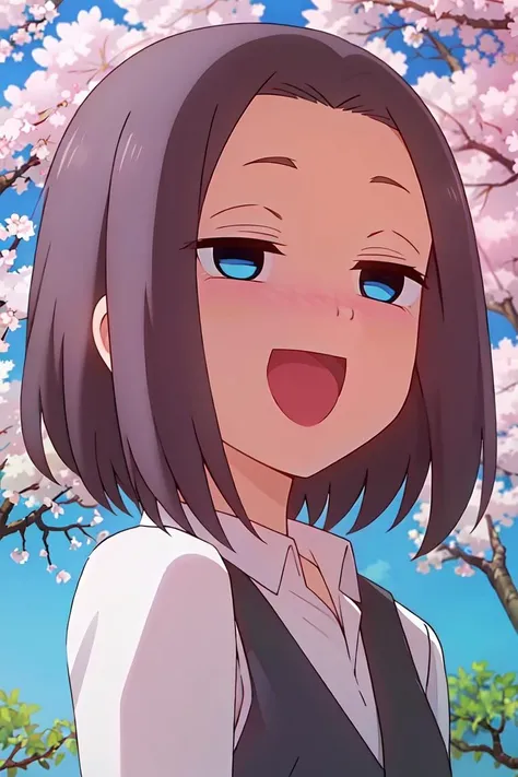 best quality, (masterpiece:1.2), detailed, perfect face, beautiful face, <lora:Mona-20:0.7>,Mona, 1girl, solo, cherry blossoms, blue eyes, short hair, blush, smile, black hair, open mouth, tree, vest, :d, shirt<lyco:GoodHands-beta2:0.35>