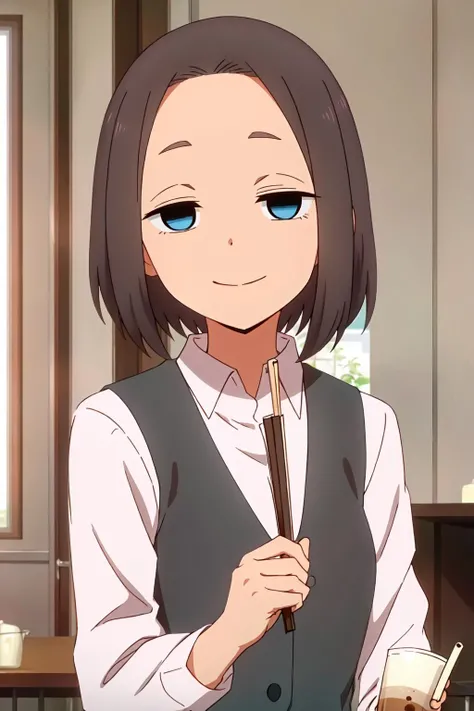 best quality, (masterpiece:1.2), detailed, perfect face, beautiful face, <lora:Mona-20:0.7>,Mona, 1girl, solo, empty eyes, blue eyes, hand fan, short hair, shirt, milk tea, brown hair, black hair, upper body, holding, vest, closed mouth, smile,<lyco:GoodHands-beta2:0.7>