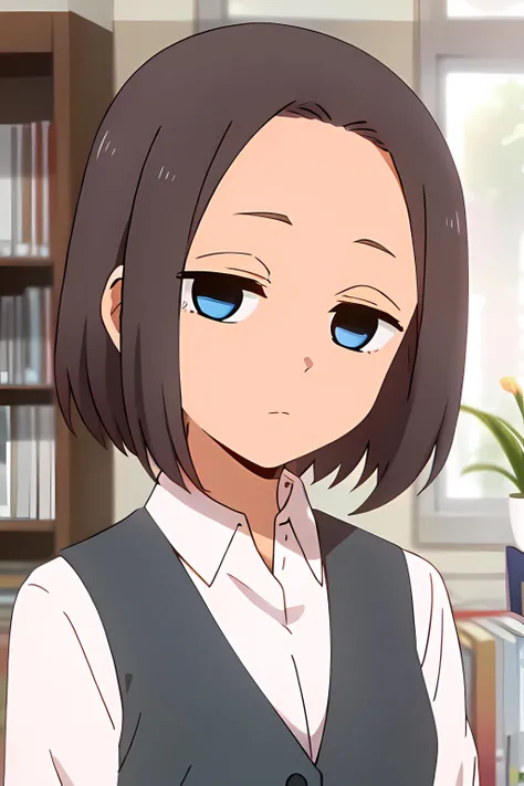 best quality, (masterpiece:1.2), detailed, perfect face, beautiful face, <lora:Mona-20:0.7>,Mona, 1girl, solo, blue eyes, short hair, shirt, empty eyes, expressionless, looking at viewer, vest, brown hair, jitome, white shirt, blurry, forehead, collared shirt, blurry background, closed mouth, shelf, indoors, upper body, blank stare, head tilt, <lyco:GoodHands-beta2:0.7>
