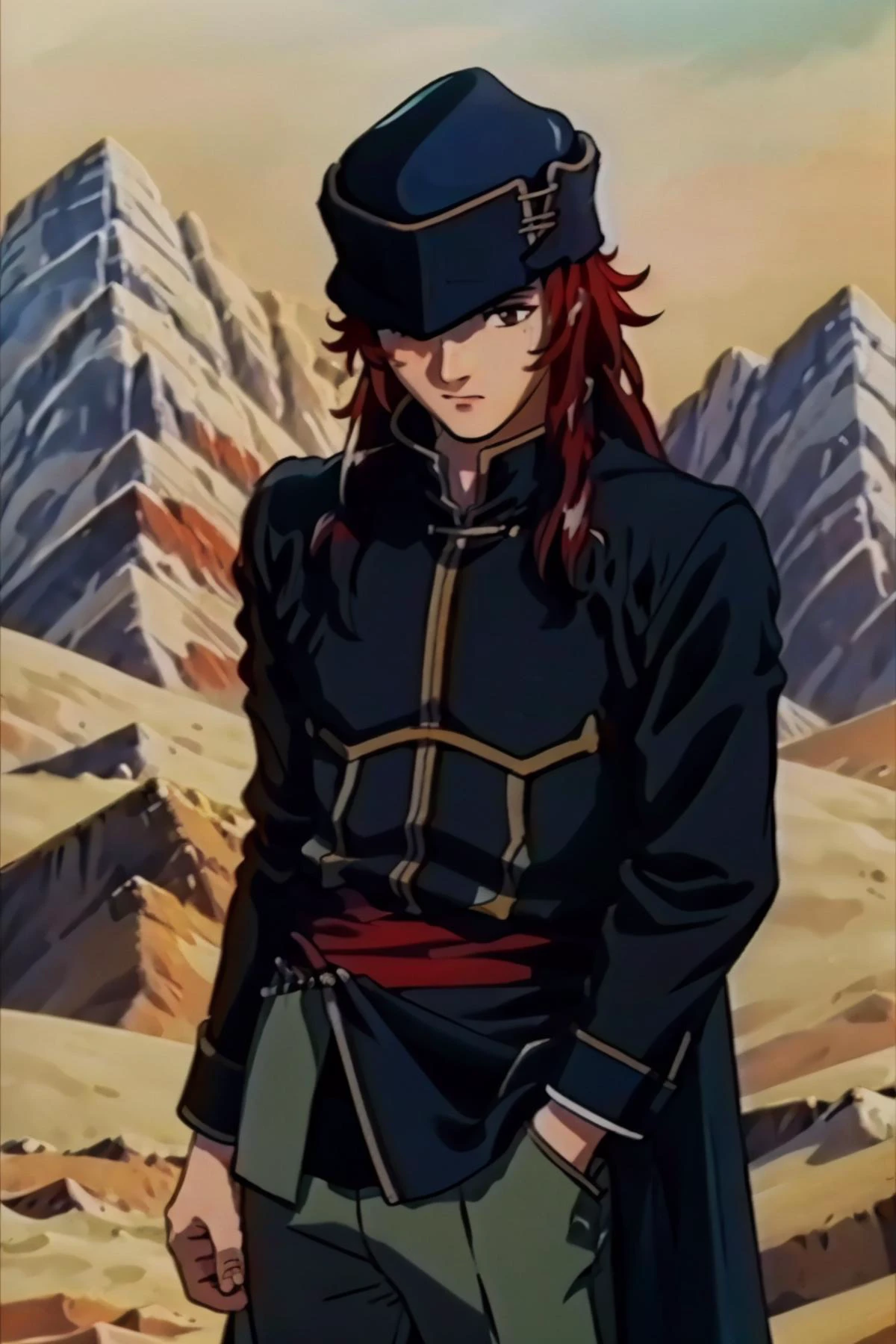 masterpiece, best quality, <lora:Feovatest2:1> <lora:fejoshua-nvwls-v1:1> defJoshua, 1boy, hat, black coat, sash, pants, desert