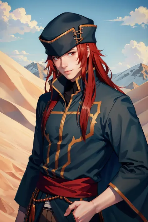 masterpiece, best quality, defJoshua, 1boy, black coat, sash, hat, pants, desert, village, looking at viewer, furrowed brow, smile, upper body <lora:fejoshua-nvwls-v1-000009:0.9>