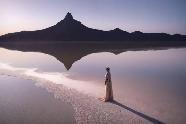 Abstract Expressionism Art, In the heart of the African desert lies an oasis,(where a shallow yet expansive body of water mirrors the sky just like a gigantic mirror:1.5),standing still amidst it is a woman draped in traditional desert attire,her head covered with a silk scarf. The temple nearby signifies a place of tranquility and reflection,a beacon of life in the barren desert. The woman seems to be in a deep contemplation,harmoniously blending with the serene environment,Photo taken by Yan Cong with a Fujifilm GFX 100S,Award Winning Photography style,Cinematic and natural morning light,8K,Ultra-HD,Super-Resolution,(lake:1.3),, High contrast, minimalistic, colorful, stark, dramatic, expressionism