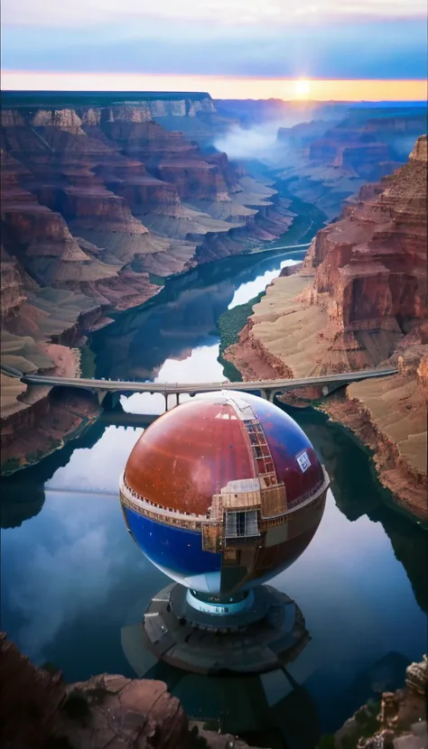 professional modern photograph of a colorful incredible breathtaking grand canyon, breathtaking atmosphere, milky haze, mist, majestic landscape, (big steel sphere)+ with reflections,, 8K UHD, volumetric lighting, sharp focus, masterpiece, insanely detailed, extremely detailed, masterpiece by Gregory Crewdson