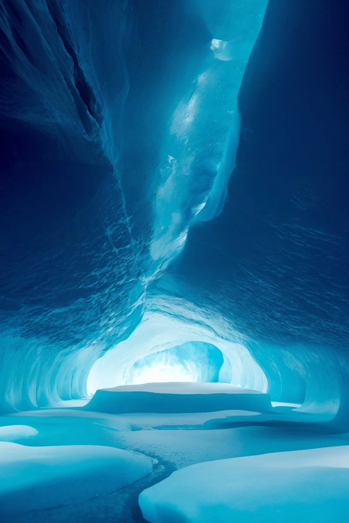 Inside a breathtaking blue ice cave in Iceland,with smooth,glistening walls of vivid blue ice. The cave's mouth opens to a panoramic view of the endless ocean,where the horizon meets the icy waters under a serene sky,