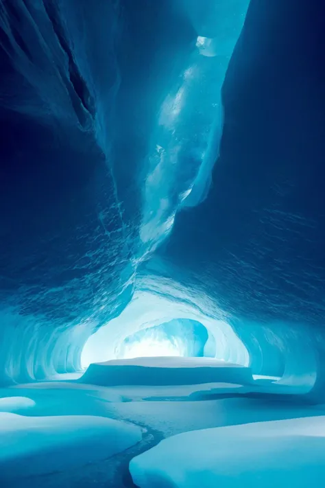 Inside a breathtaking blue ice cave in Iceland,with smooth,glistening walls of vivid blue ice. The cave's mouth opens to a panoramic view of the endless ocean,where the horizon meets the icy waters under a serene sky,