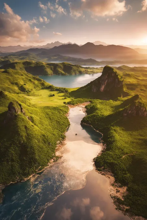 A breathtaking vista that seems to blur the lines between reality and fantasy. The landscape is a tapestry of surreal beauty, echoing a paradise that one might find in a dream or a mythical utopia, exuding a sense of peace and ethereal grace