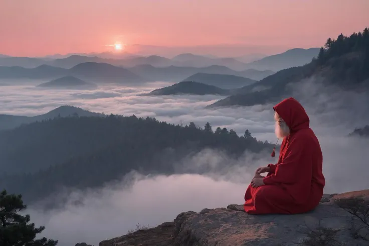 Envision an early morning scene where mist gently envelops a mountain pass. On a cliffside, a solitary leafless oak stands, its bare branches etching a stark silhouette against the soft fog. Nearby, a hermit draped in cardinal red is seated in meditation, creating a striking contrast with the muted surroundings. The serene environment, with the hermit's vivid attire and the stark tree, composes a picture of tranquility and introspection.