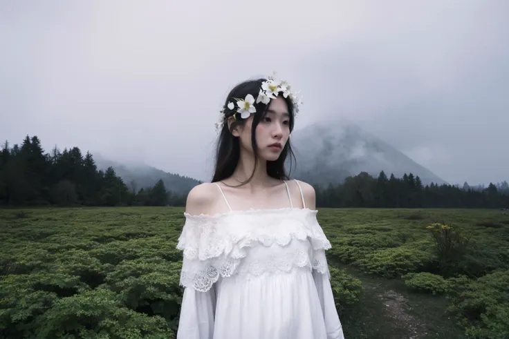 concept art Deep in a forest, a girl is immersed, donned in a white dress. The forest is laden with fog, the sky gloomy without sunshine, portraying a cold color scheme with low saturation. The girl embodies a stark contrast to her surroundings, a beacon of light and innocence in the midst of a surreal and maybe even foreboding landscape. It feels like a moment frozen in time, where magic and reality coalesce. Photo taken by Mihaela Noroc with a Sony Alpha 1 and 24-70mm lens, Award Winning Photography style, Soft and diffused lighting with a dreamlike quality, 8K, Ultra-HD, Super-Resolution . digital artwork, illustrative, painterly, matte painting, highly detailed