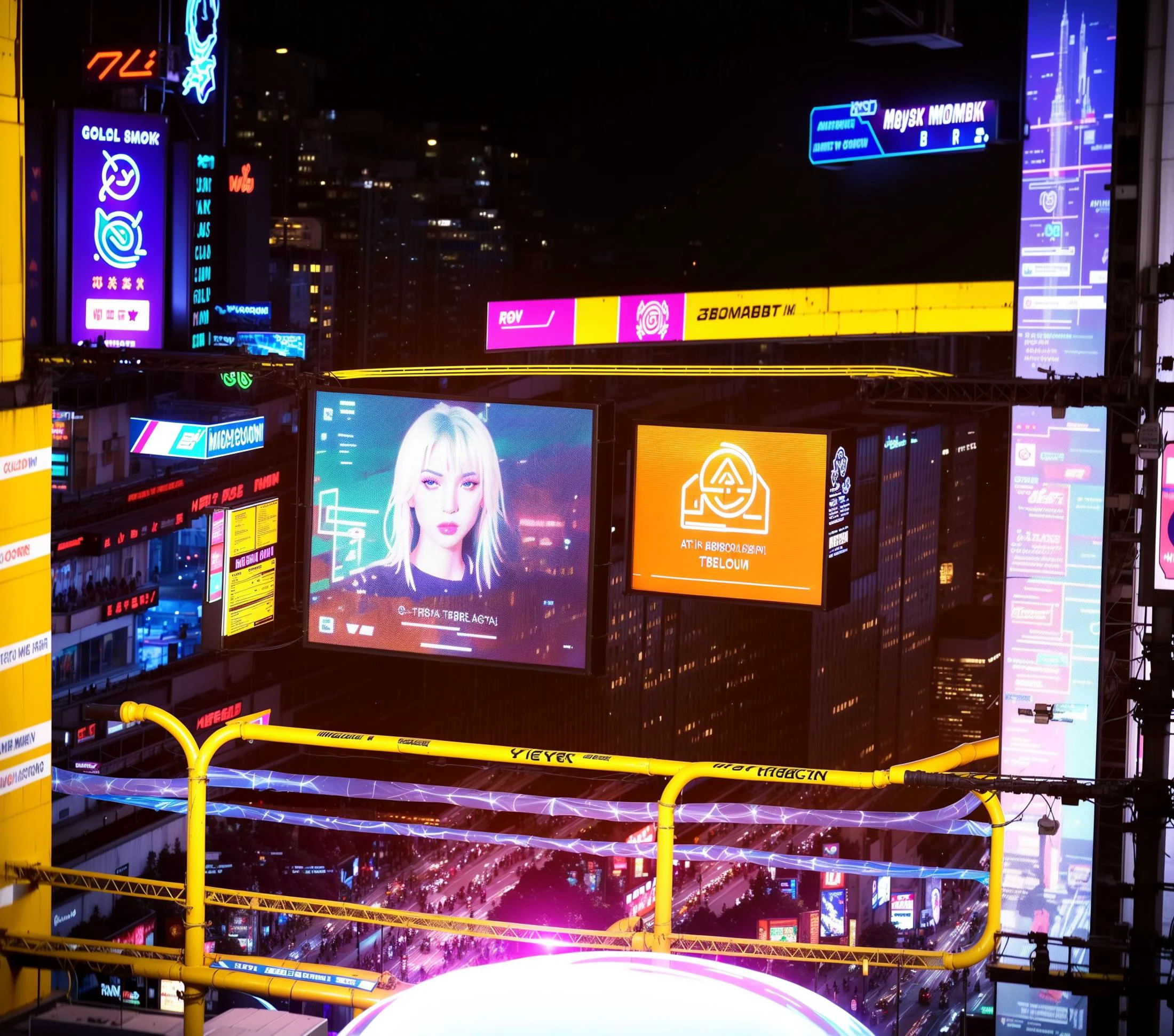 Character: (monk),(purple robes adorned with neon threads),(silver and golden cybernetic limbs intricately engraved),
Cybernetics: (advanced prosthetics),(interface ports on wrists and temples),(glowing circuit patterns beneath synthetic skin),
Setting: (colossal cyber-monk statue),(hovering above an ancient symbol with neon glow),(amidst a cyberpunk city skyline),(reflective surfaces shimmering with holographic advertisements),
Beneath: (exclusive neon-lit bar),(hovering luxury cars with holographic license plates),(entrance guarded by augmented bouncers),
5 meters away: (urban residents),(individuals immersed in augmented reality interfaces),(street vendors selling virtual wares),(exotic dancers with holographic enhancements),(cyber-enhanced prostitutes blending with the city's hustle),