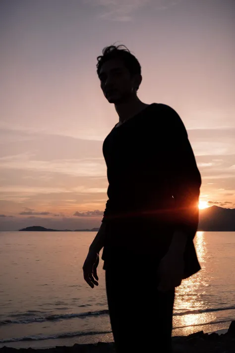 A blurred figure stands against the backdrop of a sunset-drenched landscape, lost in the grandeur of the moment. The heavens above transition from day to night in a symphony of color, and the silhouette of the man is cast as an introspective shadow on the threshold of nightfall, embodying the transient beauty of lifeâs simple pleasures.