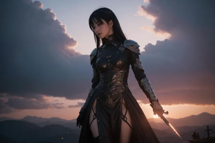 A scene unfolds in the twilight of a futuristic gothic realm, where a noblewoman clad in ornate, mechanical armor surveys her dominion. Her gaze is piercing, a silent challenge to any who dare oppose her sovereign will. The armor is a masterpiece, etched with symbols of power and lit by the soft luminescence of energy cores. Beside her, a loyal retainer in dark attire stands ready, her hand poised to draw a blade that has tasted the defeat of countless foes.