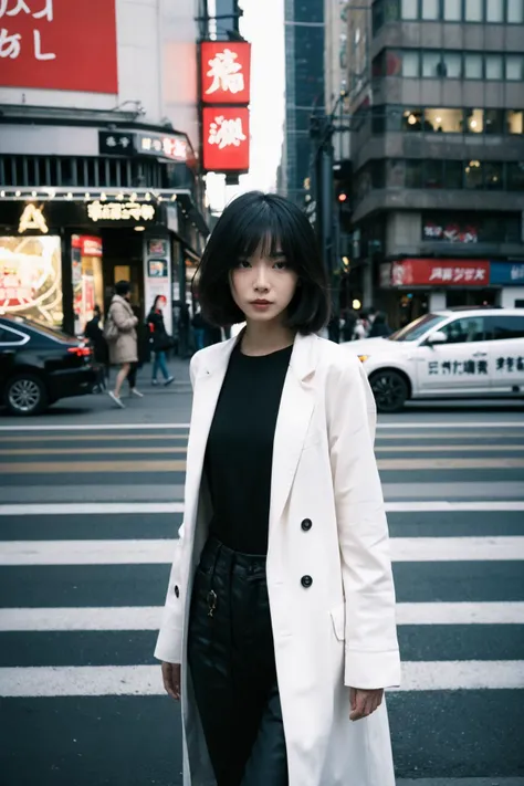 Picture a powerful, movie-like scene in a bustling city, where a girl stands amidst the chaos, yet seems completely composed and in control. The city around her is a whirlwind of activity, with people rushing by, cars honking, and neon signs flickering. She stands in sharp contrast to her surroundings, her calm demeanor and confident posture making her stand out in the crowd. The lighting is dramatic, with the play of light and shadow accentuating her presence. This scene captures the essence of a strong, independent character in a modern urban setting, reminiscent of a protagonist in a contemporary film