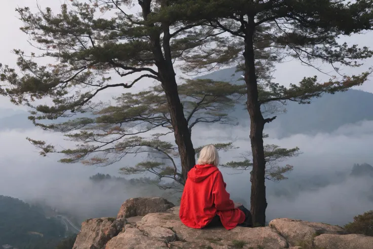 Envision an early morning scene where mist gently envelops a mountain pass. On a cliffside, a solitary leafless oak stands, its bare branches etching a stark silhouette against the soft fog. Nearby, a hermit draped in cardinal red is seated in meditation, creating a striking contrast with the muted surroundings. The serene environment, with the hermit's vivid attire and the stark tree, composes a picture of tranquility and introspection.