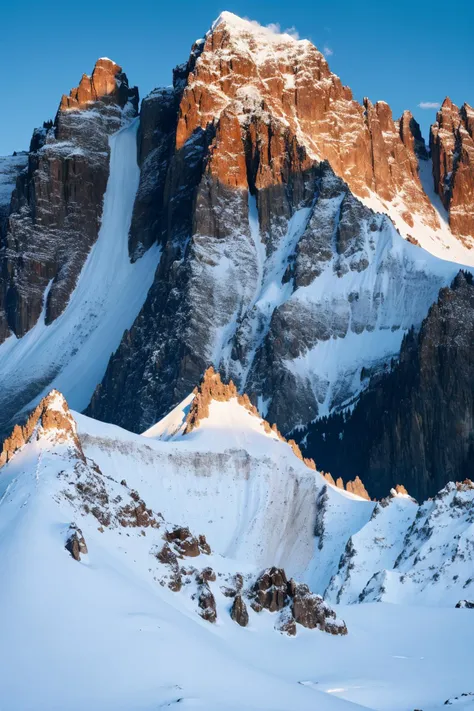 lovecraftian horror Visualize a scene of endless snow-covered mountains, with a central peak rising prominently above the rest. This central mountain, the tallest in the range, is illuminated by the sun's rays, transforming it into a golden spectacle. The sunlight reflects off the snowy surface, creating a dazzling effect that makes the mountain appear as if it's made of gold. The surrounding peaks add to the grandeur of the scene, with the central mountain's golden glow offering a striking contrast to the pristine white of the snow and the clear blue sky . eldritch, cosmic horror, unknown, mysterious, surreal, highly detailed