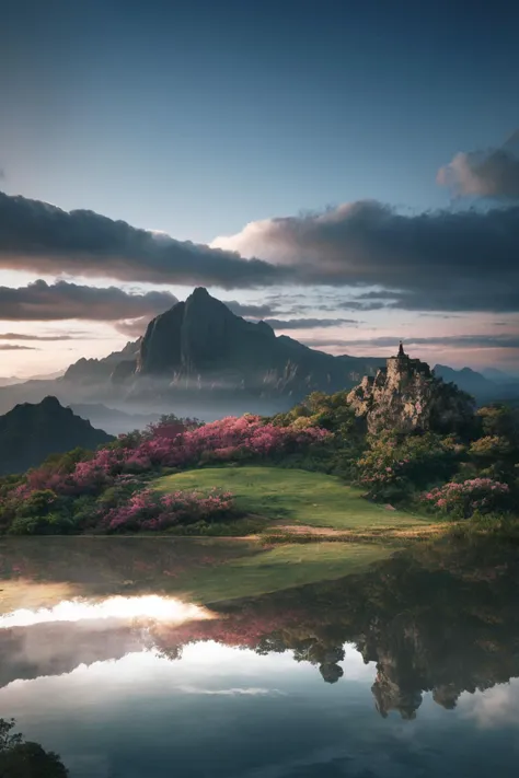 A breathtaking vista that seems to blur the lines between reality and fantasy. The landscape is a tapestry of surreal beauty, echoing a paradise that one might find in a dream or a mythical utopia, exuding a sense of peace and ethereal grace