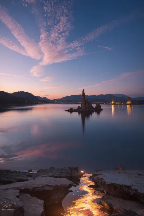 A sky adorned with a resplendent array of twilight hues, casting a kaleidoscope of colors over the lake. The water mirrors this spectacle, mingling with the varying shapes of the unique rock formations. Above, fiery clouds blaze in the sky, where the sea and heavens unite in an ever-changing tapestry of colors