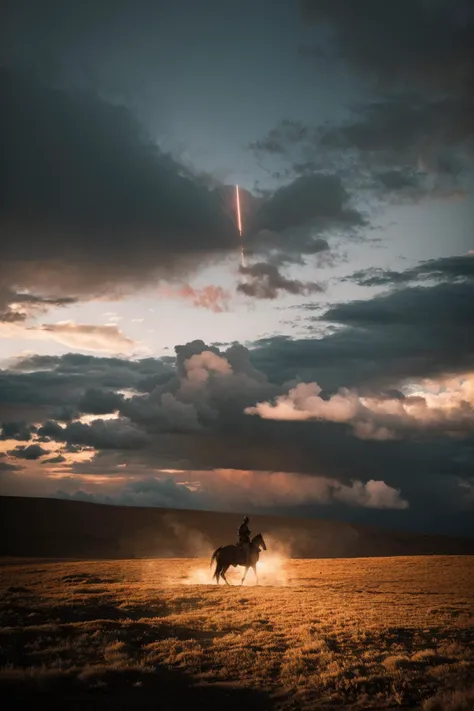 Amidst the foreboding canvas of a tumultuous sky, a knight of shadow and flame emerges, perched upon a steed as black as the void. Cloaked in armor that devours the light, the figure holds aloft a greatsword, a beacon of eerie glow against the darkening heavens. The ground below is scorched earth, where the silhouettes of fallen warriors lay as a testament to the knightâs relentless march, their spears still reaching for a sky that turns its back on them.