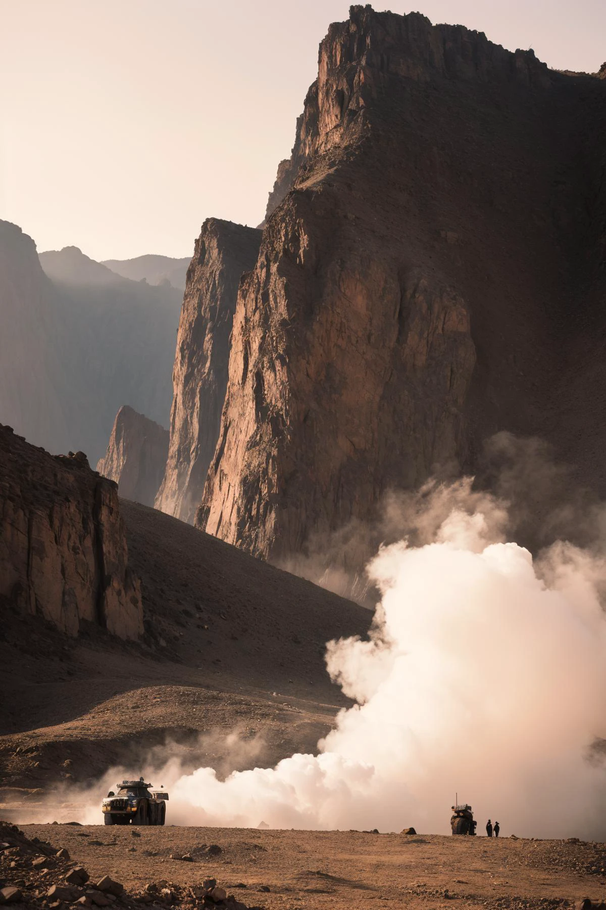 In a range of mountains,a massive mech strides,boasting a cool exterior marred with some scars,under a cloudy sky devoid of the sun,characterized by cold tones. The mechâs awe-inspiring presence in the mountainous terrain tells a tale of endurance. It wears its scars proudly,showcasing its battle-hardened history while moving forward under the gloomy sky that evokes a sense of mystery and foreboding. Photo taken by Chen Man with a Hasselblad H6D-400c and a 50mm lens. Award Winning Photography style,Noir influenced with Cinematic lighting,8K,Ultra-HD,Super-Resolution ,<lora:彩:1>,