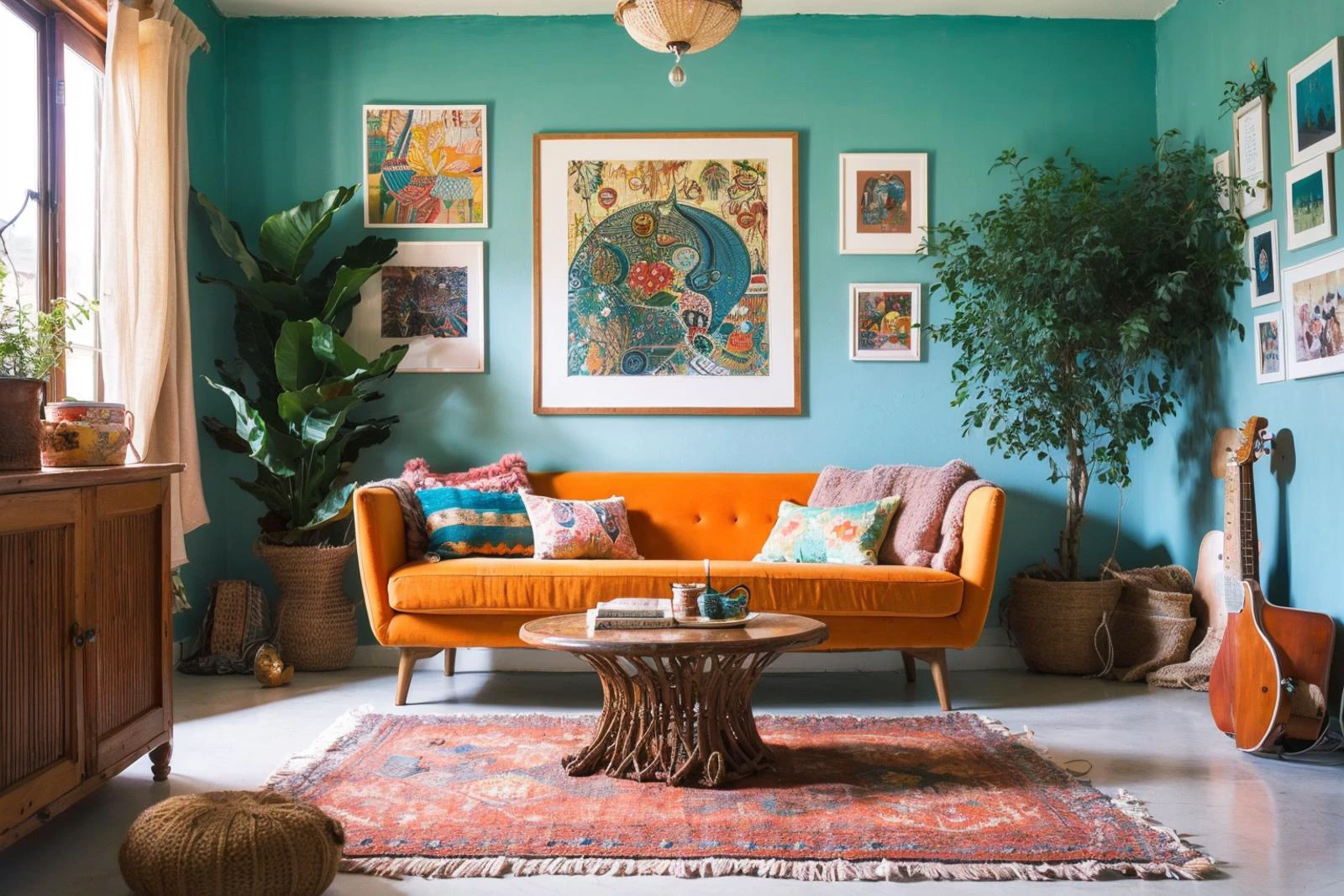 A vibrant bohemian-style living room with a riot of colors and patterns. This lively space features a colorful Moroccan rug,an array of mismatched throw pillows,and a vintage peacock chair. Hanging plants and macramé wall hangings add a touch of greenery and texture. The walls are adorned with eclectic art pieces,and a string of fairy lights provides a whimsical glow,
