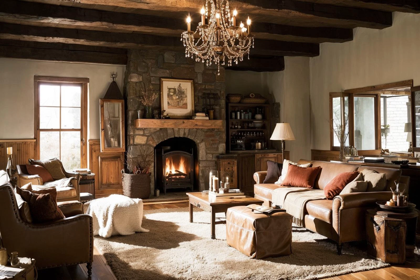 A cozy,rustic interior with a warm,earthy color scheme. This inviting space includes a plush leather sofa,a large stone fireplace dominating one wall,and wooden beams across the ceiling. Vintage decor items,like an antique clock and brass candle holders,add character. The floor is a natural wood,and a woven area rug adds texture. Soft lighting is achieved through the use of table lamps and a wrought iron chandelier.,
