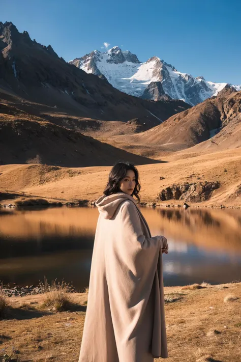 A solitary traveler draped in a warm, earth-toned cloak stands in quiet reverence, gazing upon the majestic snow-capped peaks in the distance. The winding river at her feet reflects the golden light of late afternoon, flowing through the highland grasses that dance gently in the mountain breeze, a testament to the untamed beauty of the natural world.