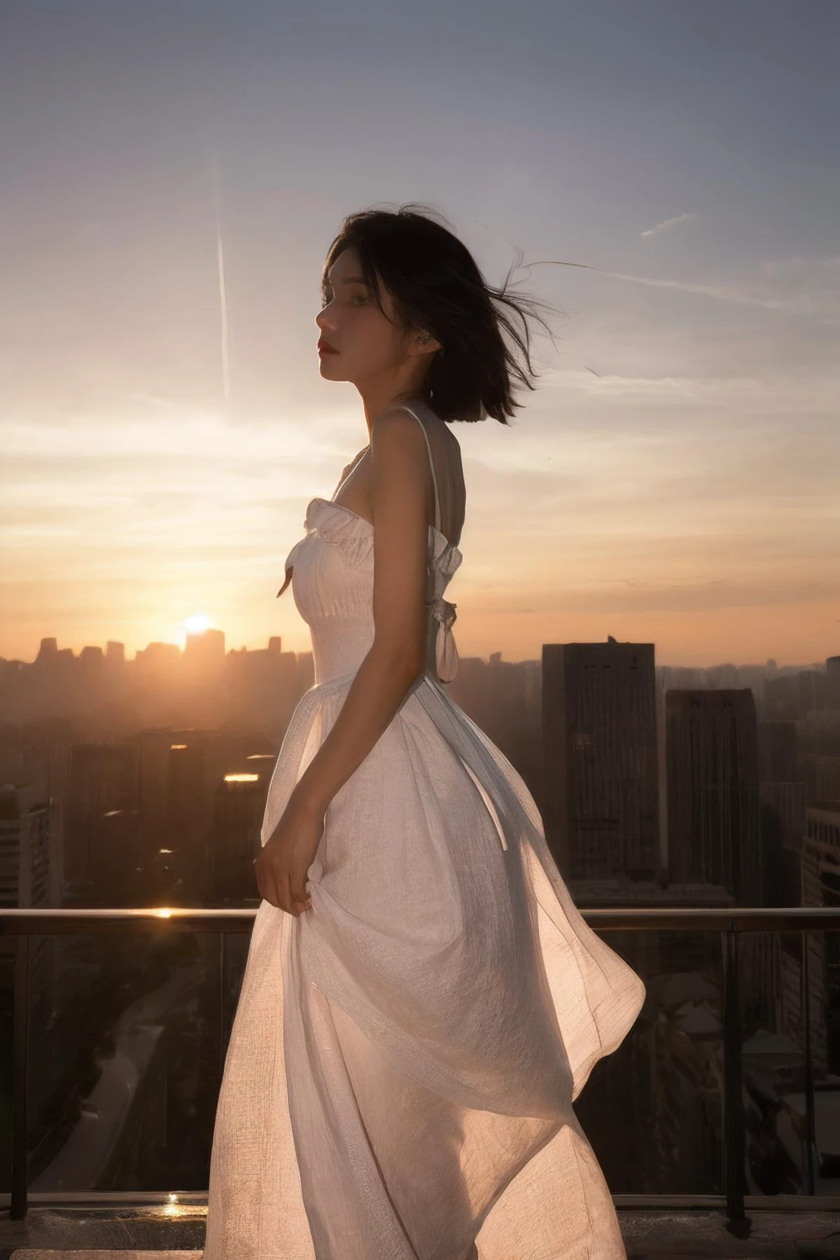 metropolis-themed Envision a serene scene where a woman stands gracefully under the glow of a setting sun. Her white dress billows elegantly, blending seamlessly into the warm hues of the distant sunset. The sky is painted in a vibrant palette of oranges and reds, reflecting the peaceful end of the day. The woman, a silhouette against the radiant backdrop, appears almost ethereal as her dress and the sunset merge into a singular, harmonious vision . urban, cityscape, skyscrapers, modern, futuristic, highly detailed, <lora:å°æ¡åå¦:0.5>