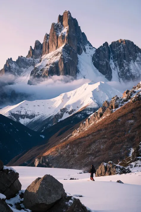 As dawn's first light caresses the apex of the majestic mountain, a solitary figure stands in awe, their silhouette barely discernible against the rugged terrain. The towering peak, draped in a pristine mantle of snow, reflects the ethereal glow of morning. The shadows in the valley hint at untold mysteries, inviting the brave to explore the wilderness. The air, crisp and biting, whispers tales of ancient spirits that dance among the crags and crevices.