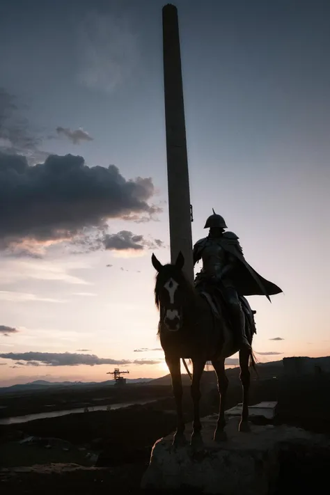 Amidst the foreboding canvas of a tumultuous sky, a knight of shadow and flame emerges, perched upon a steed as black as the void. Cloaked in armor that devours the light, the figure holds aloft a greatsword, a beacon of eerie glow against the darkening heavens. The ground below is scorched earth, where the silhouettes of fallen warriors lay as a testament to the knightâs relentless march, their spears still reaching for a sky that turns its back on them.