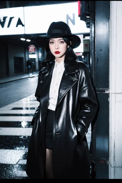 Envision a scene with a film noir aesthetic, where a girl is pictured in a dimly lit, rain-soaked alleyway. The setting is moody and atmospheric, with shadows playing across her face, adding a sense of mystery and intrigue. She's dressed in a vintage style, perhaps with a trench coat and a fedora, fitting the classic film noir genre. The wet pavement reflects the neon signs and streetlights, creating a play of light and dark that is quintessential to the noir style. This scene would be rich in narrative potential, hinting at a story of suspense, mystery, and perhaps a dash of romance