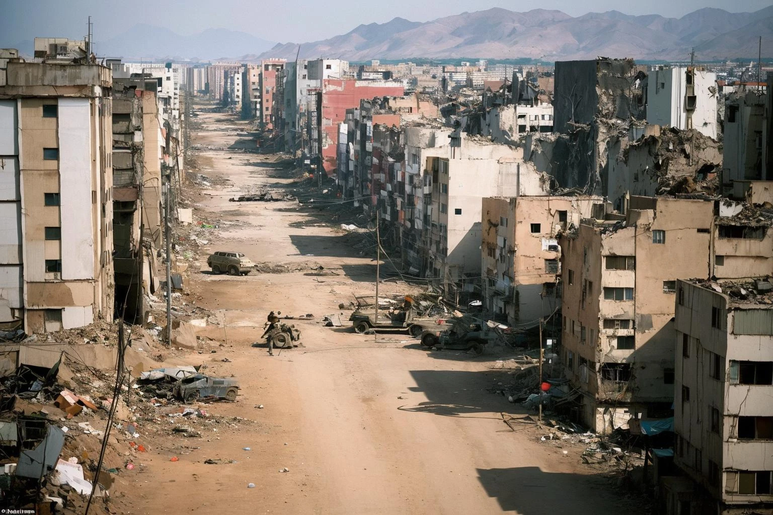 The camera from above captures a vivid juxtaposition: a war-torn battlefield,alive with conflict and devastation,lies on one side,while a peaceful,wealthy neighborhood rests on the other. The dividing line between them is distinct,creating a powerful visual metaphor for the divide between war and peace,poverty and prosperity ,<lora:å½©:0.5>,