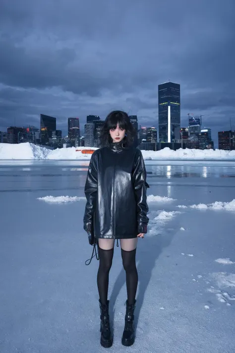 A cyberpunk cityscape serves as the backdrop for a scene where a girl in a black dress is surrounded by an Icelandic ice environment. The ambiance is cold, with muted saturation to create a haunting atmosphere. The predominant blue hue echoes the crisp air and icy landscape. The girl's black dress offers a stark contrast to the almost monochromatic icy setting, bringing a touch of poignancy to the canvas. This setting, with reduced saturation, not only conveys coldness but also a sense of melancholy, emphasizing her isolation in a vast, indifferent environment. The juxtaposition of her vulnerability and the strength of nature is striking. The blue overtone might represent a deep connection to the icy surroundings, suggesting a balance between humanity and nature. The scene is enriched with neon lights, dark alleys, towering skyscrapers, and vibrant colors, all contributing to a futuristic, high-contrast, and highly detailed landscape