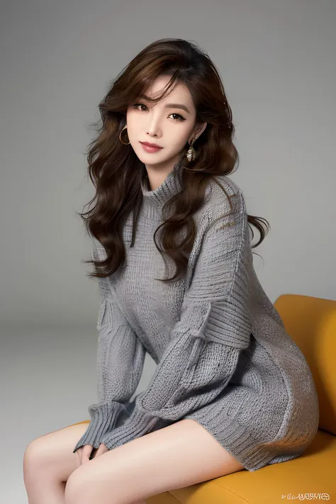 1girl,solo,long hair,earrings,jewelry,sitting,sweater,looking at viewer,head tilt,couch,hand between legs,very long hair,lips,wavy hair,between legs,brown hair,watermark,black hair,closed mouth,smile,artist name,brown eyes,grey background,black eyes,eyelashes,