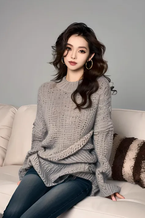 1girl,solo,long hair,earrings,jewelry,sitting,sweater,looking at viewer,head tilt,couch,hand between legs,very long hair,lips,wavy hair,between legs,brown hair,watermark,black hair,closed mouth,smile,artist name,brown eyes,grey background,black eyes,eyelashes,