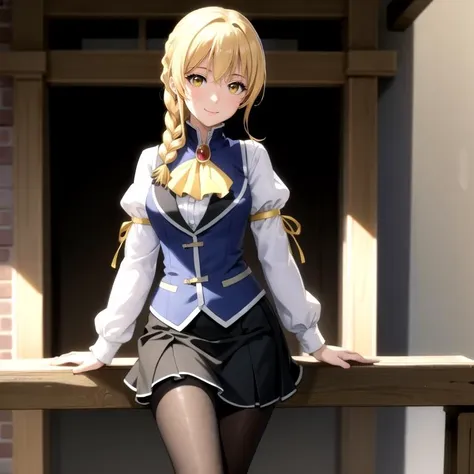 (masterpiece:1.2), best quality, high resolution, extremely detailed CG, official_art,
extremely_detailed_background,
<lyco:guildgirl-lyco-nochekaiser:0.7>,
guild girl, blonde hair:0.8, (yellow eyes:0.8), single braid, smile,
skirt, shirt, long sleeves, white shirt, pantyhose, black skirt,
vest, long skirt, yellow ribbon, ascot, yellow ascot,
looking at viewer,
outdoors, city,
from front,
<lora:GoodHands-beta2:1>,nice_hands:0.3, perfect_hands,