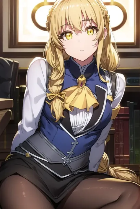 guildgirl, <lyco:guildgirl-LYCORIStest:1>,
guild girl, long hair, blonde hair, (yellow eyes:1.5), braid, single braid,
BREAK skirt, shirt, long sleeves, white shirt, pantyhose, black skirt, vest, long skirt, yellow ribbon, ascot, yellow ascot,
BREAK looking at viewer,
BREAK outdoors, city,
BREAK <lora:GoodHands-vanilla:1>, (masterpiece:1.2), best quality, high resolution, unity 8k wallpaper, (illustration:0.8), (beautiful detailed eyes:1.6), extremely detailed face, perfect lighting, extremely detailed CG, (perfect hands, perfect anatomy),