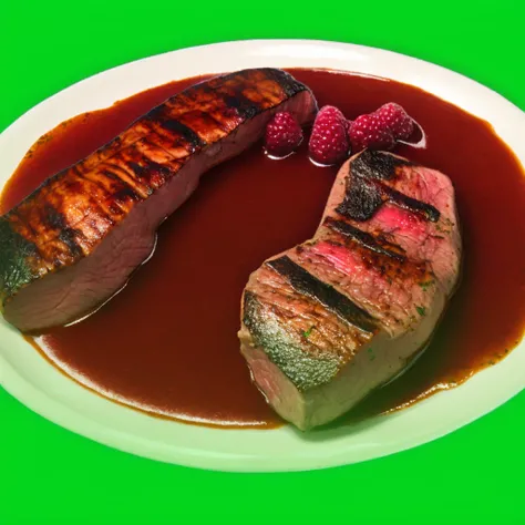 bg3 item icon, food meat grilled with raspberry sauce, <lora:bg3_items_offset:1>
BREAK
green background