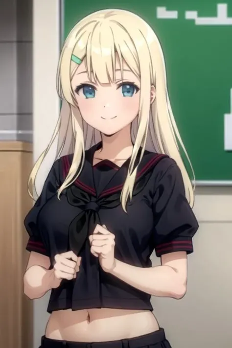 (((pixel-perfect, detail-perfect))), solo, 1girl, <lora:yomi-senran:0.8>, yomi, black serafuku, short sleeves, midriff, looking at viewer, smile