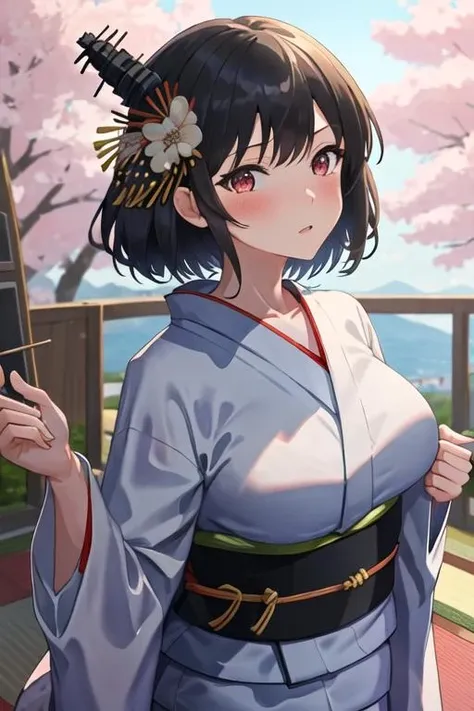 masterpiece, high quality, Very detailed, woman, short hair, hairpin, Completely naked, Spring flower, the wind is strong, Open the shrine, Pink petals, Fuji Mountain, Depth of written boundary, Blurred Background,smile